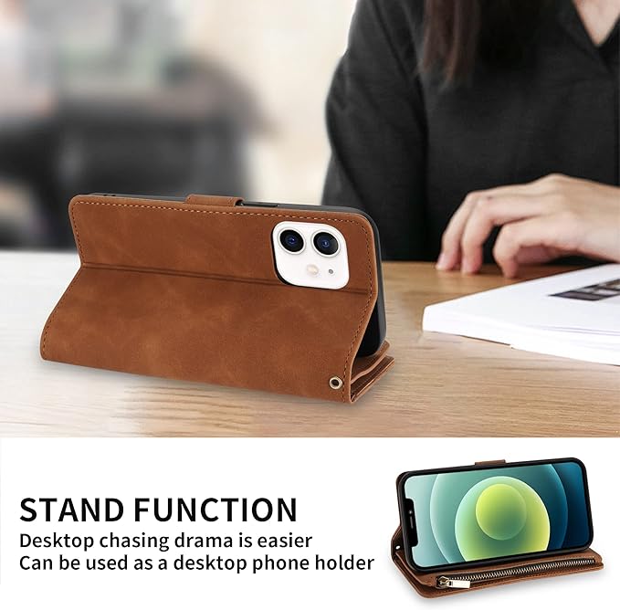ZZXX for iPhone 12 Mini Wallet Case with Card Slot Premium Soft PU Leather Zipper Flip Folio Wallet with Wrist Strap Kickstand Protective for iPhone 12 Mini Case Wallet(Brown 5.4 inch)