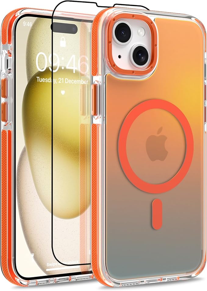 MOWIME Magnetic Case for iPhone 15 Plus [Compatible with Magsafe] [Cute Fashion Fluorescent Design] [1 Screen Protector] Slim Translucent Matte Case for iPhone 15 Plus 6.7" 2023, Orange