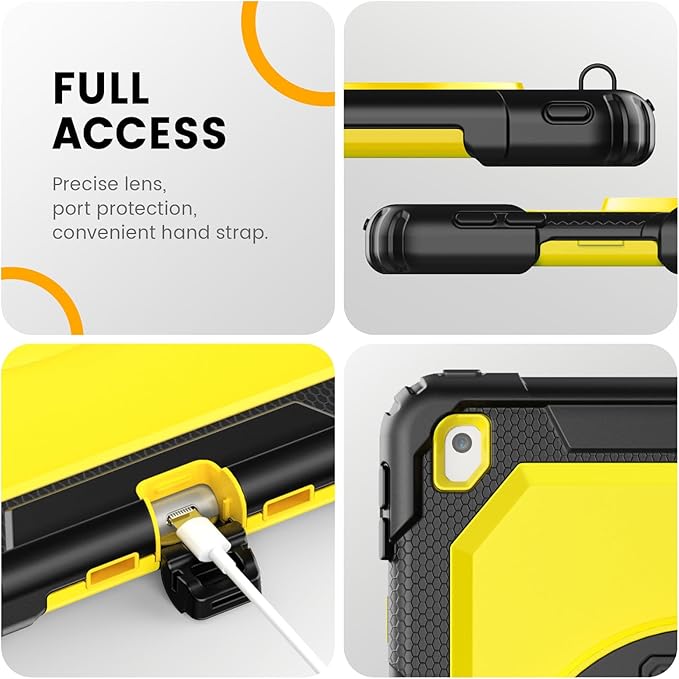Timecity Case for iPad 9th/ 8th/ 7th Generation 10.2 inch - Heavy Duty Protective Cover with Screen Protector, Rotating Stand, Shoulder Strap & Pencil Holder | Kids-Friendly (Yellow)