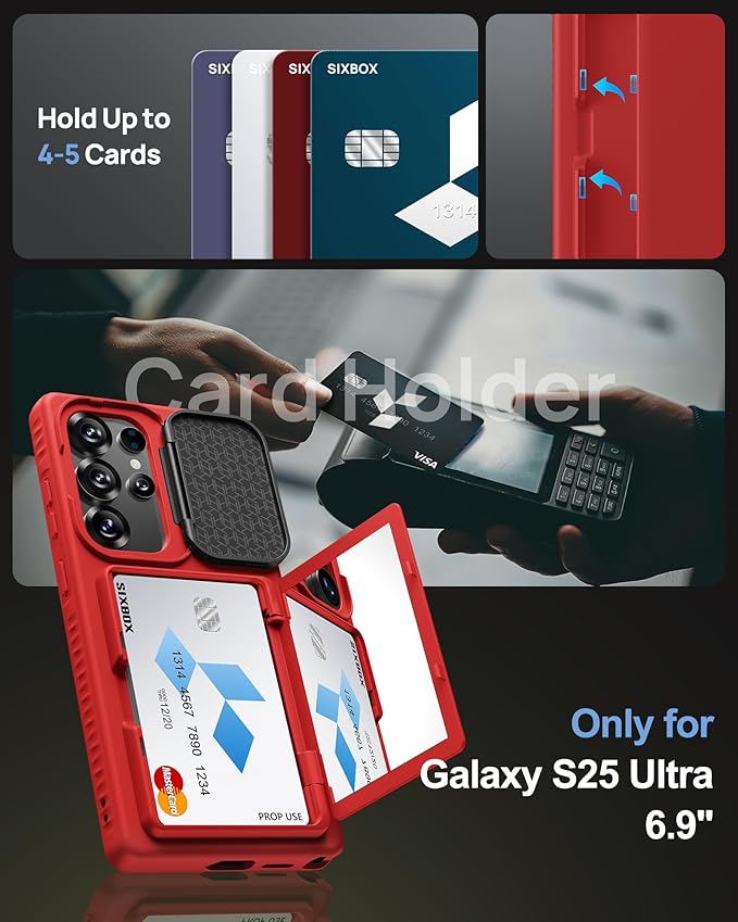 for Samsung Galaxy S25 Ultra Case, Built-in Card Holder & Stand & Lens Cover, Military Grade Drop Tested Soft Silicone Edge Rugged Protective Wallet Phone Case for S25 Ultra 6.9" 2025, Red