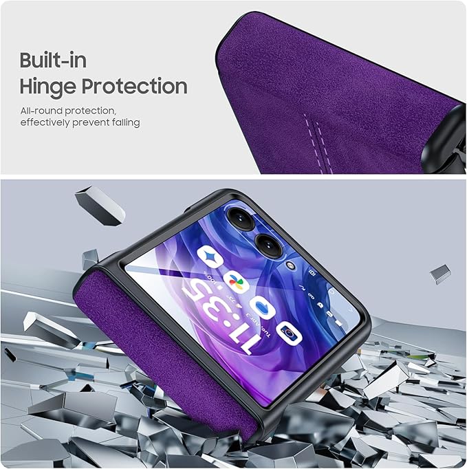 for Motorola razr+ Plus 2024 Case/Razr+ Plus 2025 Case Built-in Screen Protector& Hinge Protection & Ultra Thin PU Leather Matte PC Shockproof Phone Case for Moto Razr+ 2024/Razr+ 2025 (Purple)