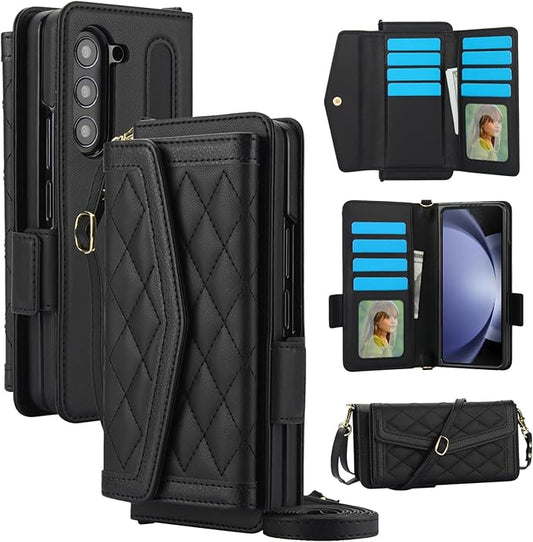 for Samsung Galaxy Z Fold 7 Wallet Case - Stitching Pattern RFID Blocking Card Holder, S Pen Slot Crossbody Strap, Full Body Protection Flip Cover for Women Black