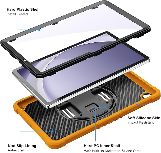 ZtotopCases for Samsung Galaxy Tab A9+ / A9 Plus 11'' 2023 (SM-X210/X216/X218), Shockproof Hard Duty Case with Screen Protector+360 Rotating Hand Strap&Stand+Shoulder Strap for Tab A9+ Tablet, Orange