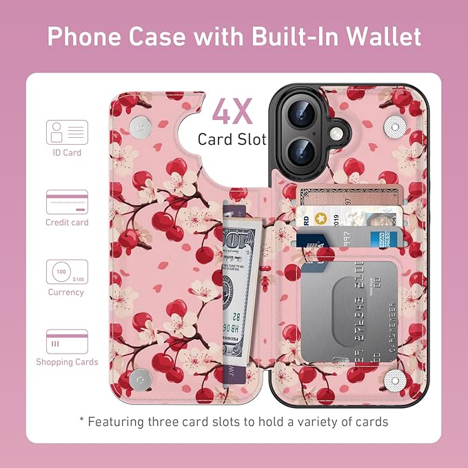 FUNMIKO for iPhone 16 Plus Wallet Case with Card Holder, RFID-Blocking, Military-Grade Protection & UV-Printed Artwork, Magnetic Closure with Leather Kickstand - Cherry Blossom