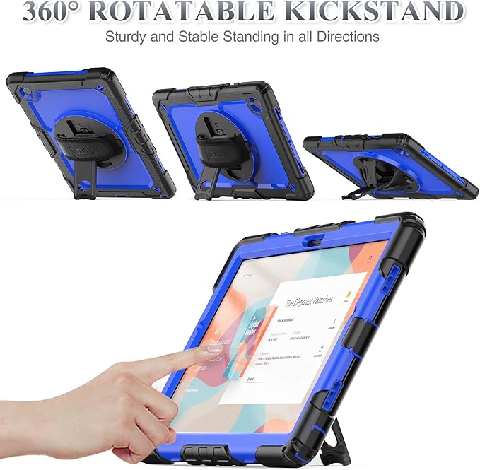 SEYMAC stock Case for Samsung Galaxy Tab A9+ Plus 11'', Full-Body Drop Protection Case with Screen Protector Pencil Holder [360° Rotating Hand Strap] &Stand, Blue+Black