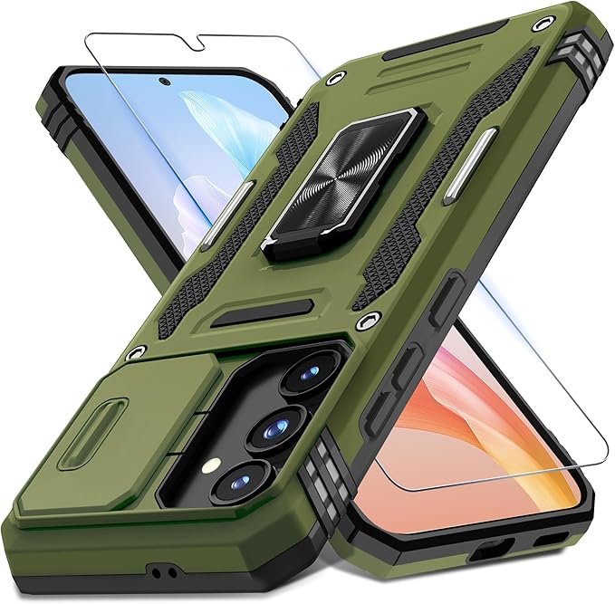 DEERLAMN Case for Samsung Galaxy S24 FE 6.7-Inch with Slide Camera Cover+Screen Protector(1 Pack), Rotated Ring Kickstand Military Grade Shockproof Protective Cover-Olive Green