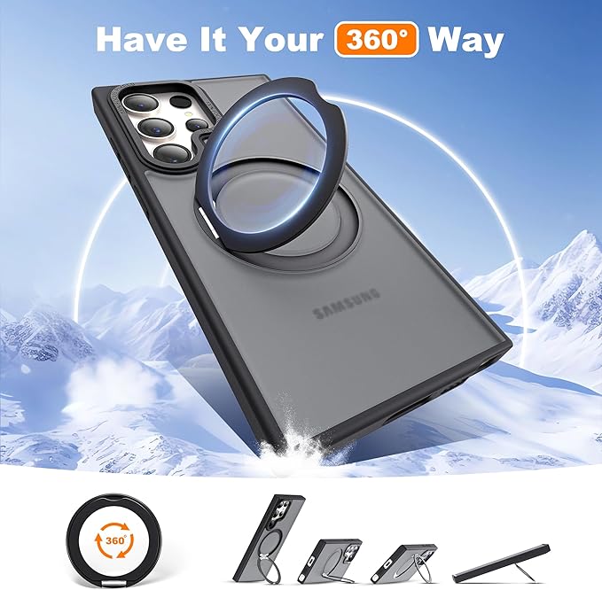 Compatible with Samsung Galaxy S22 & S23 Ultra Case with 360Rotatable Magnetic Ring Stand Compatible with Mag-Safe Military Protection Shockproof Translucent Phone Case,Black
