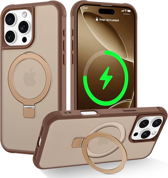 Magnetic Compatible with iPhone 16 Pro Max Case with Stand [Military Grade Drop Tested][Compatible with Magnet] Ring Translucent Slim Hard Back Soft Edge, Desert Gold