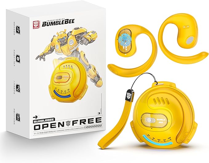 TRANSFORMERS Open Ear Earbuds with Ear Hooks,Open Ear Headphone True Wireless Earbuds Over Ear Headphones Bluetooth 5.4 60H Play,IPX5 Waterproof for Work Fitness Running Yoga Gym, Yellow-Bumblebee