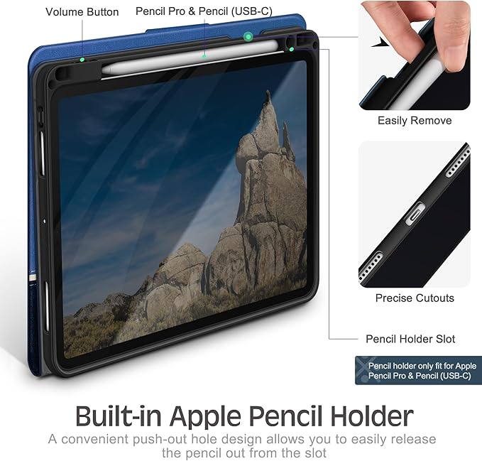 KingBlanc Case for iPad Pro 11 inch (M4) 2024 with Pencil Holder, Vegan Leather Smart Stand Cover, Auto Sleep Wake, Support Pencil Pro/(USB-C), Angles for Viewing/Writing, Durable Protection, Blue
