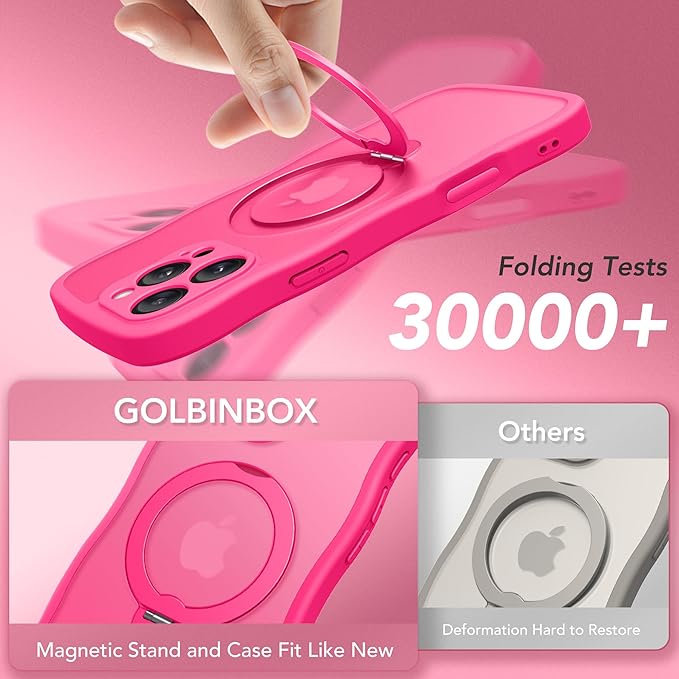 GolbinBox for iPhone 16 Pro Max Case for Women,[Compatible with Magsafe][360° Spin Magnetic Stand][Cute Wave Edge][Military-Grade Protection]Translucent Matte Phone Case for iPhone 16 ProMax, Hot Pink