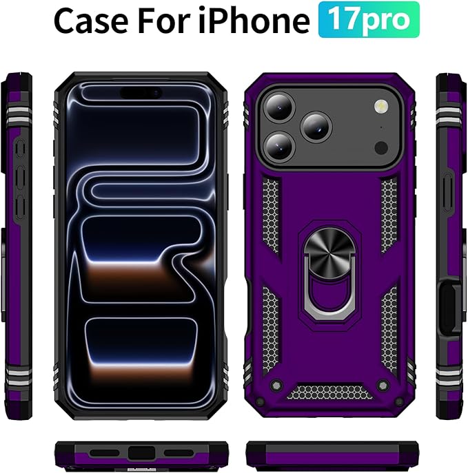 ADDIT Compatible with iPhone 17 Pro Case with Tempered Glass Screen Protector, Adjustable Kickstand Ring, Military-Grade Heavy Duty Protection, Shockproof, Anti-Fingerprint,Purple