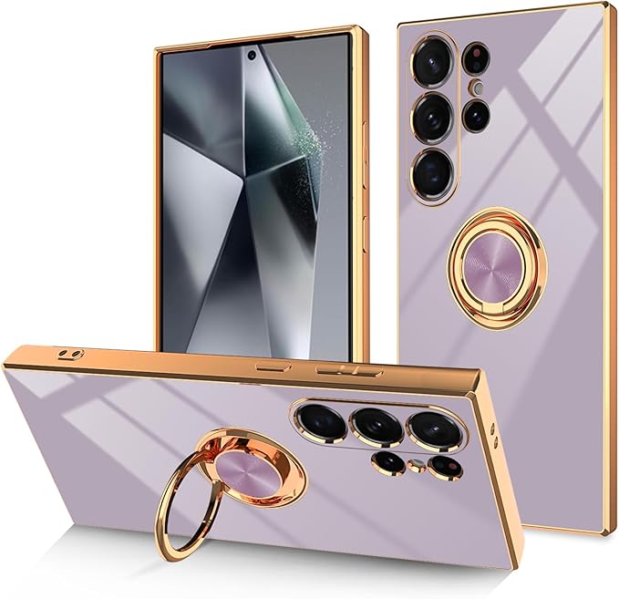 Dinick Purple for Samsung Galaxy S24 Ultra Case with Ring Holder Kickstand [with Magnetic] Soft TPU Bumper, Glitter Gold Electroplated Cover Slim Thin Protective Phone Case for Galaxy S24 Ultra