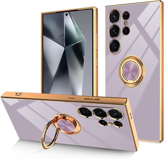Dinick Purple for Samsung Galaxy S24 Ultra Case with Ring Holder Kickstand [with Magnetic] Soft TPU Bumper, Glitter Gold Electroplated Cover Slim Thin Protective Phone Case for Galaxy S24 Ultra