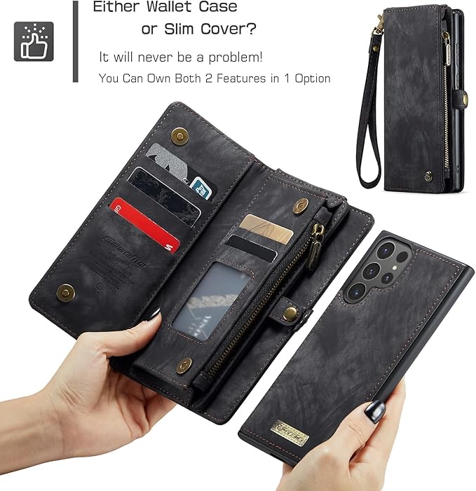 SZHAIYU 2 in 1 Detachable for Samsung Galaxy S24 Ultra Wallet Case with Card Holder, Retro Premium Flip Leather Cover Magnetic Zipper Pocket Phone Cases 6.8'' (Black, S24 Ultra)