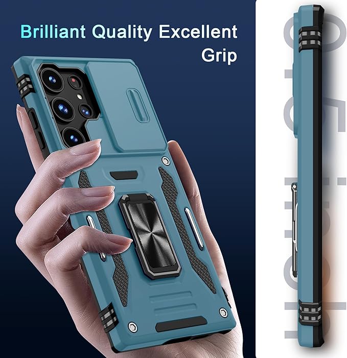 DEERLAMN Case for Samsung Galaxy S25 Ultra with Slide Camera Cover+Screen Protector (1 Pack), Rotated Ring Kickstand Military Grade Shockproof Protective Cover-Light Blue