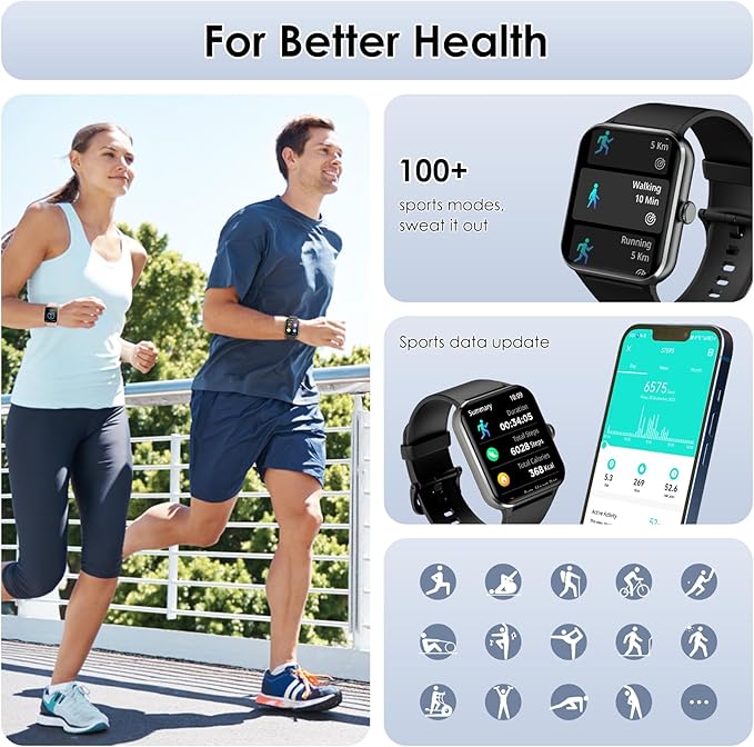 Smart Watch(Answer/Make Call), 1.85" Smartwatch for Men Women, 100+ Sport Modes, Pedometer, IP68 Waterproof Fitness Tracker, Heart Rate/Sleep Monitor, Smart Watches for Android & iOS (2 Straps)