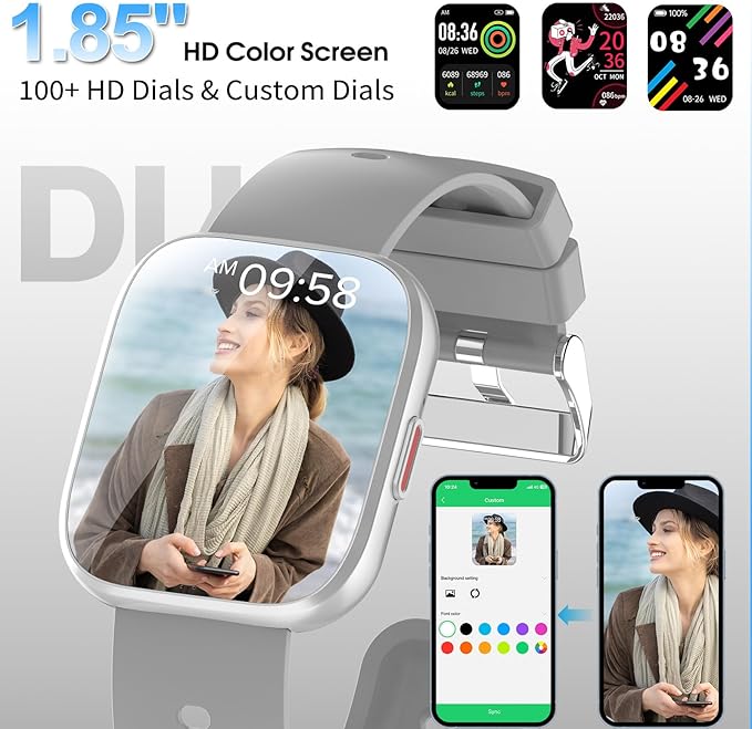 Smart Watch for Men Women Bluetooth Call, 1.85" HD Touch Screen Fitness Watch with Sleep Heart Rate Monitor, 112+ Sports Modes, IP68 Waterproof Activity Trackers for Android iOS, Gray