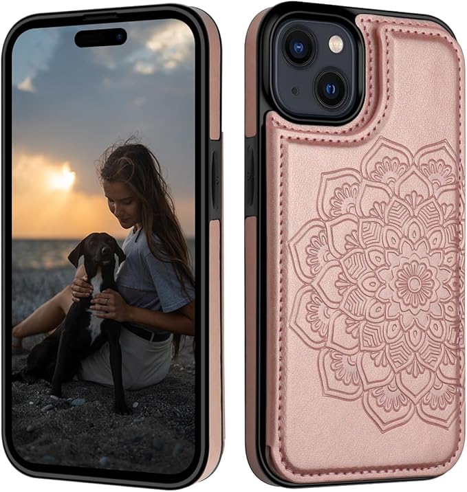 MMHUO for iPhone 15 Plus Case with Card Holder,Flower Magnetic Buttons Protective Wallet Case for Women for iPhone 15 Plus,Rose Gold