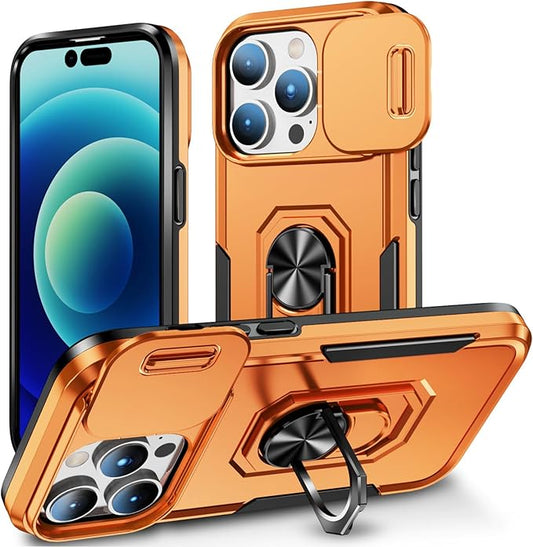 Phone Case for iPhone 14 Pro Max Case iPhone 14 Pro Max Phone Case with Camera Lens Cover, with Ring Holder Kickstand, fit Magnetic Car Mount, for iPhone 14 Pro Max - Orange