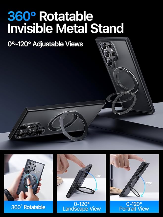 QTlier Phone case for Galaxy S24 Ultra- 360 Rotatable Magnetic Ring Stand, Military-Grade Protection, Raised Camera Frame Black