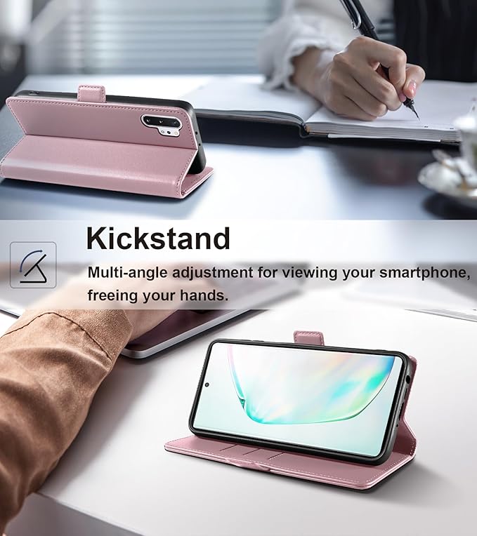 Wallet Flip Case for Samsung Galaxy Note 10 Plus/Note10+ - [RFID Blocking] Luxury PU Leather Card Holder Magnetic Phone Cover with Kickstand,Shockproof Protective Case,Pink