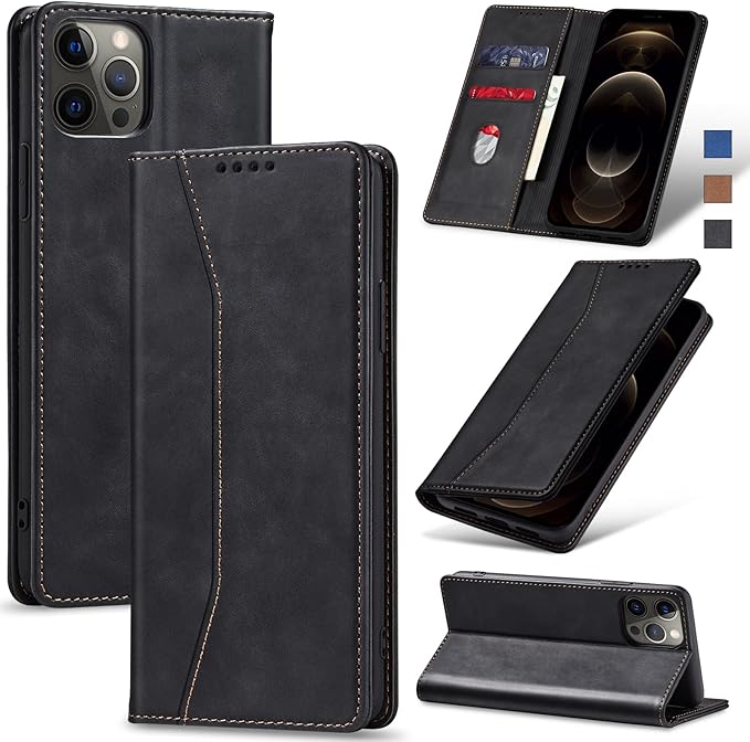 Jasonyu Flip Wallet Case for iPhone 12 Pro Max,Leather Magnetic Folio Cover with Card Holder,Kickstand - TPU Shockproof Durable Protective Phone Case,Black