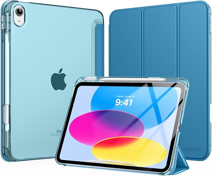 MoKo for iPad (A16) 11th Generation Case 11 Inch 2025, iPad 10th Generation Case 10.9 Inch 2022 with Pencil Holder, Slim Light Trifold Protective Cover with Hard PC Translucent Back Shell,Peacock Blue