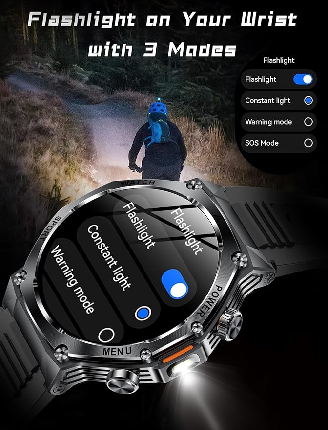Military Smart Watch for Men, 800mAh Big Battery Smart Watches with LED Flashlight for Android iOS, Answer/Make Call, Fitness Tracker, Blood Oxygen/Heart Rate Monitoring, Sleep Track (2 Bands, Black)