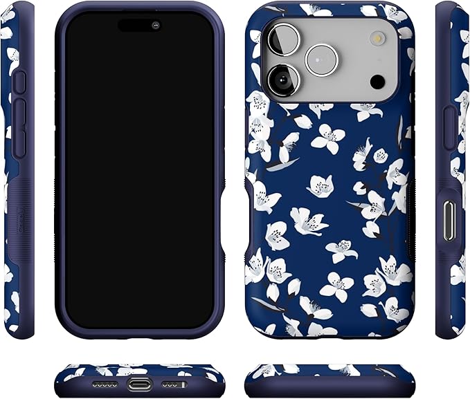 Casely iPhone 17 Pro Case | Floral Forest | Navy Cherry Blossom Floral | Bold Protective Design | Compatible with MagSafe