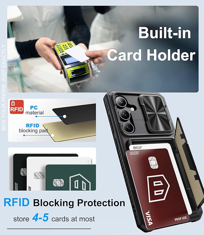 for Samsung Galaxy S25 FE Case Wallet, Card Holder (4-5 Cards), Slide Camera Cover, Military Drop Protection, Rugged Heavy Duty Men Women Protective Phone Case for Galaxy S25 FE 6.7" 2025, Black