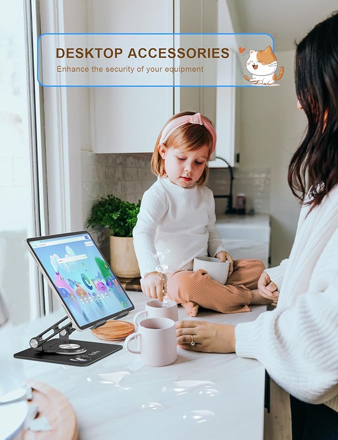 Tablet Stand 360° Rotating Aluminum Holder, Adjustable, Portable and Foldable Monitors Stand for iPads, Compatible with 4-12.9" Tablets, Ink Black