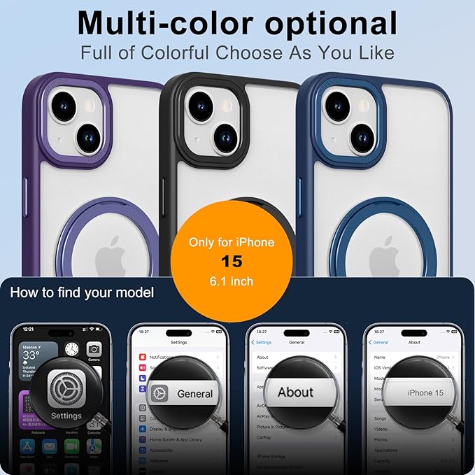 ZIYE Magnetic Case for iPhone 15 Case with Stand [Compatible with MagSafe] Slim Shockproof Military Grade Heavy Duty Cover with 360 Rotatable Ring Kickstand for Women Men, Translucent Blue