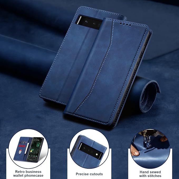 Jasonyu Flip Wallet Case for Google Pixel 6 Pro 5G,Leather Magnetic Folio Cover with Card Holder,Kickstand - TPU Shockproof Durable Protective Phone Case,Blue
