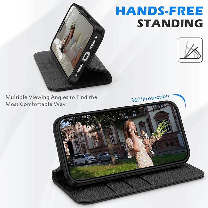 SHIELDON Case Wallet for iPhone 17 6.3 Inch 5G 2025 | Genuine Leather, Magnetic Closure, Kickstand, RFID Blocking Credit Card Holder, Foldable, Shockproof Phone Cover - Pebbled Black