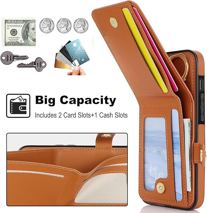 Compatible iPhone 16 Pro Wallet Case with Card Holder RFID Blocking PU Leather Doubles as a Wallet Unisex Flip Shockproof Protection with Card Slots Ring Wrist Kickstand Function,Brown