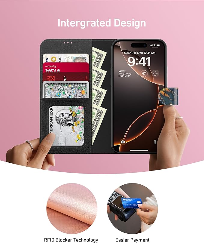 DEENAKIN for iPhone 15 Plus Wallet Case with Card Holder + Cash Clip, RFID-Blocking, Military-Grade Drop Protection, Magnetic Closure with Leather Kickstand - Solar Lunar Harmony