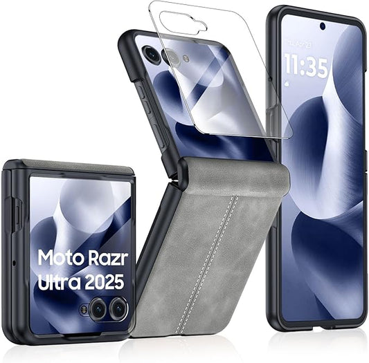 for Motorola Razr Ultra 2025 Case Built-in Screen Protector & Hinge Protection & Ultra Thin PU Leather Matte PC Shockproof Phone Cover Smartphone Case for Moto Razr Ultra 2025 (Gray)