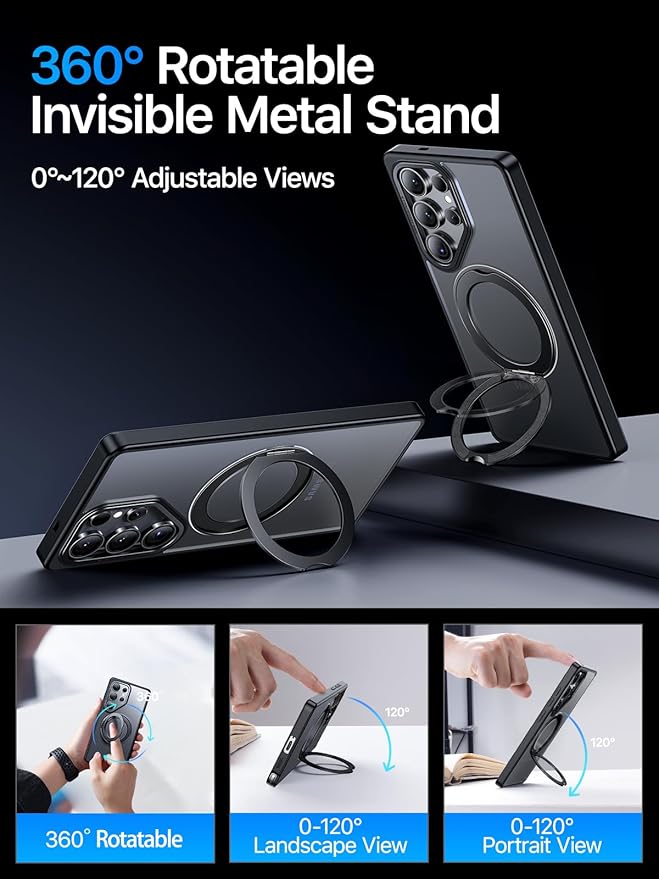 QTlier Phone case for Galaxy S24 Ultra& S25 Ultra- 360 Rotatable Magnetic Ring Stand, Military-Grade Protection, Raised Camera Frame (Black, S25 Ultra)