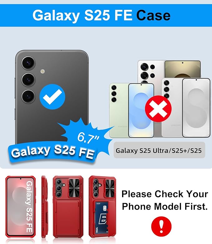 Wallet Case for Samsung Galaxy S25 FE, Card Holder (4-5 Cards), Slide Camera Cover, Military Grade Protection, Heavy Duty Women Girly Men Protective Phone Cover for Galaxy S25 FE 6.7" 2025, Red