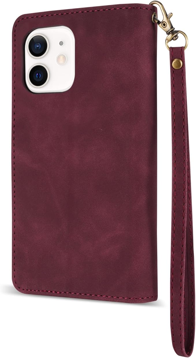 ZZXX for iPhone 12 Mini Wallet Case with Card Slot Premium Soft PU Leather Zipper Flip Folio Wallet with Wrist Strap Kickstand Protective for iPhone 12 Mini Case Wallet(Wine Red 5.4 inch)