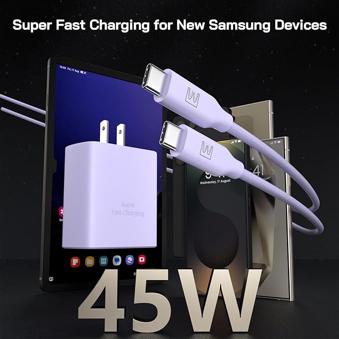 45W Super Fast Charger Type C, [2 Pack] 45 Watt USB-C Charger PD/PPS Wall Charging Block for Samsung Galaxy S25 Ultra/S24/S23 Ultra/S23+/S22 Ultra/S22+/S20 Ultra, Tab S8(Purple, with 2X 6.6ft Cable)