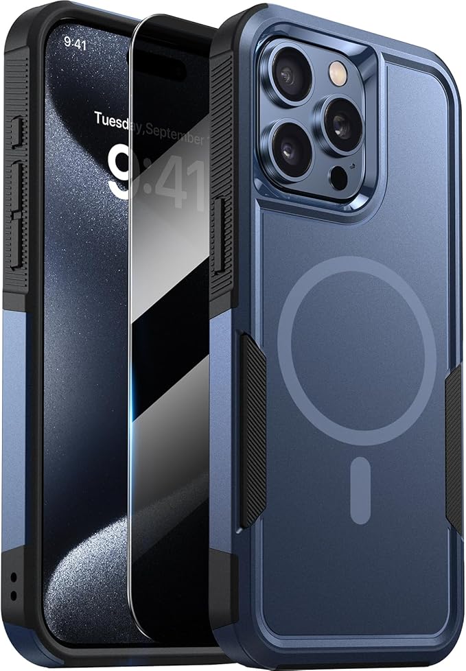Diaclara Magnetic for iPhone 15 Pro Max Case, [with Privacy Screen Protector] [Anti Spy] [Military Grade Drop Protection] Heavy Duty Full-Body Shockproof Phone Case, Dark Blue