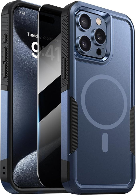 Diaclara Magnetic for iPhone 15 Pro Max Case, [with Privacy Screen Protector] [Anti Spy] [Military Grade Drop Protection] Heavy Duty Full-Body Shockproof Phone Case, Dark Blue