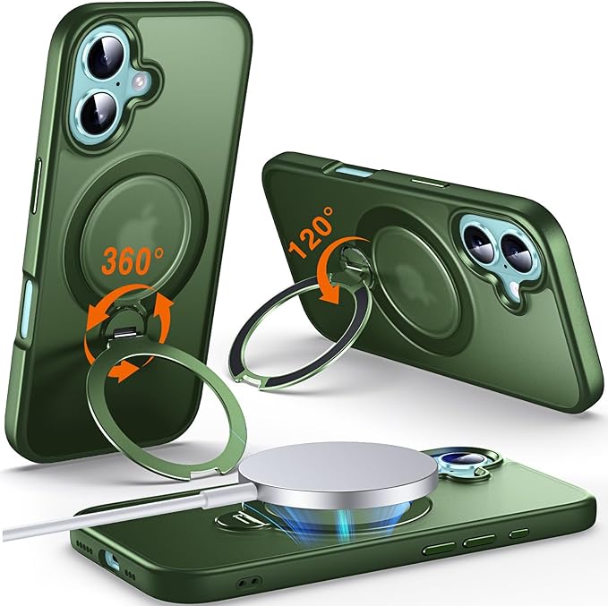 360° O-Ring MagStander for iPhone 16 Case with Magnetic Kickstand Ring Holder [Compatible with MagSafe][360°Rotate Stand Ring][Military Shockproof] Magnet iPhone 16 Phone Cover Matte Green
