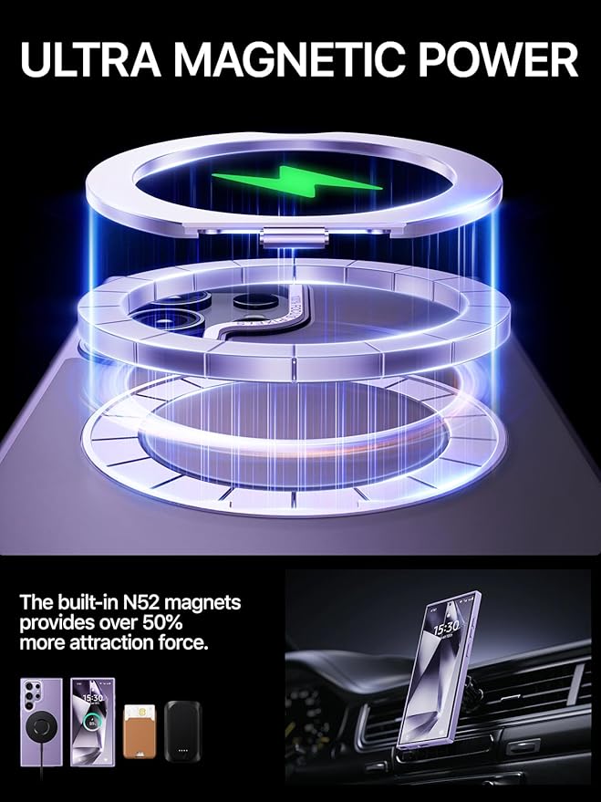 QTlier Phone case for Galaxy S24 Ultra- 360 Rotatable Magnetic Ring Stand, Military-Grade Protection, Raised Camera Frame Lilac