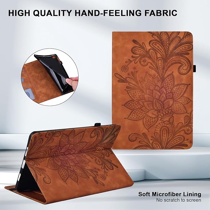 Case for Lenovo Tab M10 Plus 3rd Gen 10.6 Inch 2022 (TB125FU/128FU), Embossed Lace PU Leather Flip Folio Tablet Case with Elastic Band & Card Slots/Holder, Multi-Angle Viewing Stand Cover, Brown