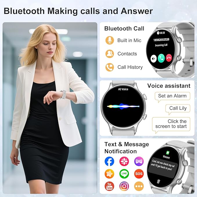 Smart Watch for Women, 1.77" Fitness Tracker with Heart Rate/Sleep/SpO2/Stress Monitor, Fitness Watch for Answer Calls, IP68 Smartwatch for iOS Android, Step Counter Watch, 123+ Sport Modes,2 Bands