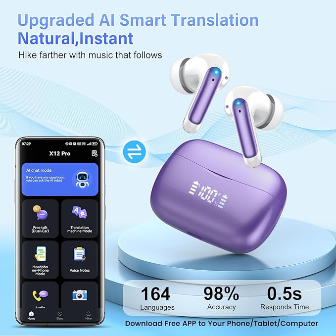 AI Translation Earbuds Real Time with Audio and Video Calls, 164 Language/7 Translation Modes Translator Earbuds Bluetooth 5.4 with APP, 48H AI Ear Buds Translator Device for Business/Learning,Purple