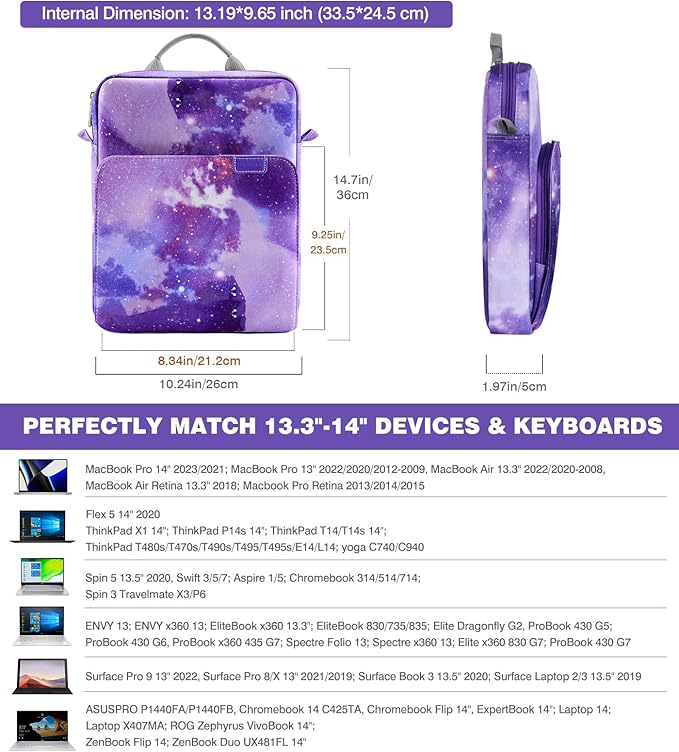 MoKo 13.3-14 Inch Laptop Sleeve Bag Fits MacBook Pro M3/M2 14" 2023,MacBook Pro 13" M2,New MacBook Air 13.6" M3/M2 2024,Tab S8 Ultra 14.6",Handle Carrying Case with Shoulder Strap,Purple Starry Sky